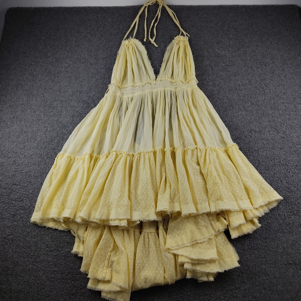 Free People Dress Womens Large 100 Degree Yellow Halter High Low Mini EUC